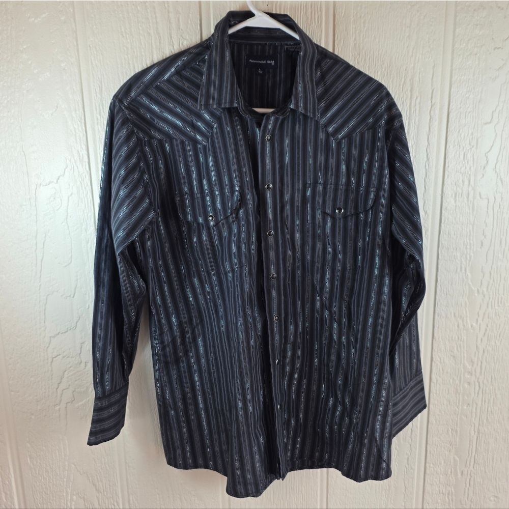 Mens Panhandle Slim Gray Striped Pearl Snap Shirt, Size Large